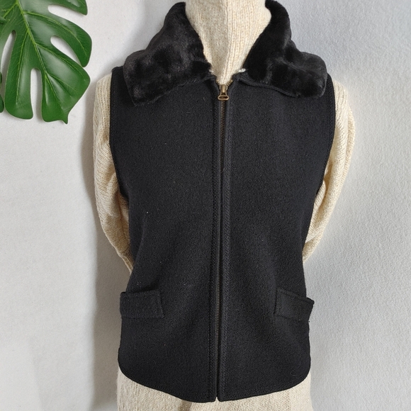 Vintage Black Tally Ho Wool Vest Faux Fur Removable Collar - Picture 1 of 7